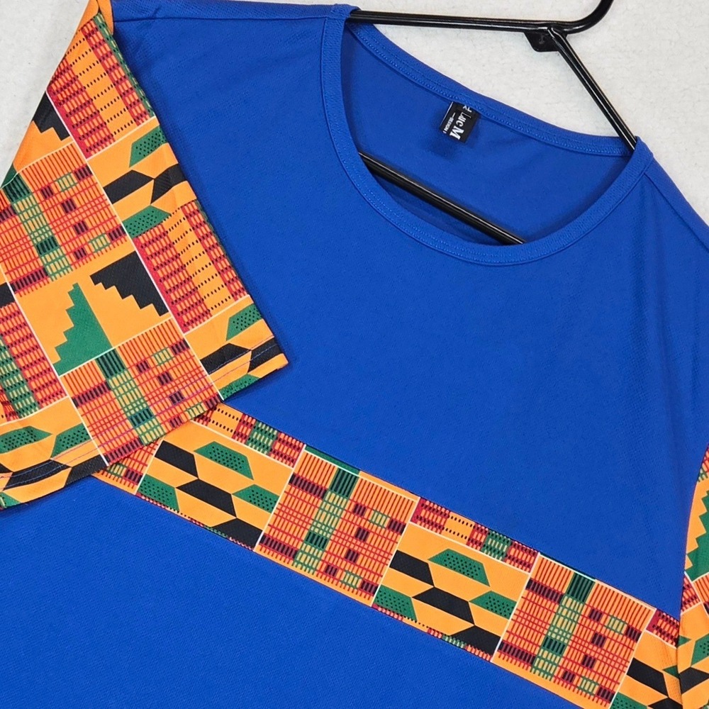 Luc Matton Mens T-Shirt XL Kente Print Blue Short Sleeve Afrocentric Utility‎